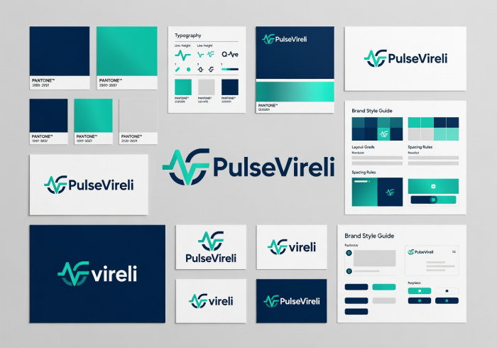 Visual identity system design including logo color and typography system developed by PulseVireli